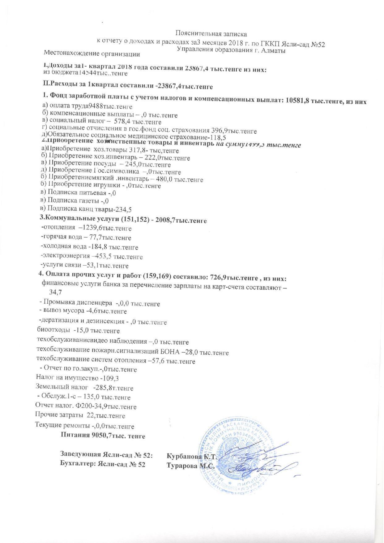 Отчет о доходах и расходах за 1кв 2018г